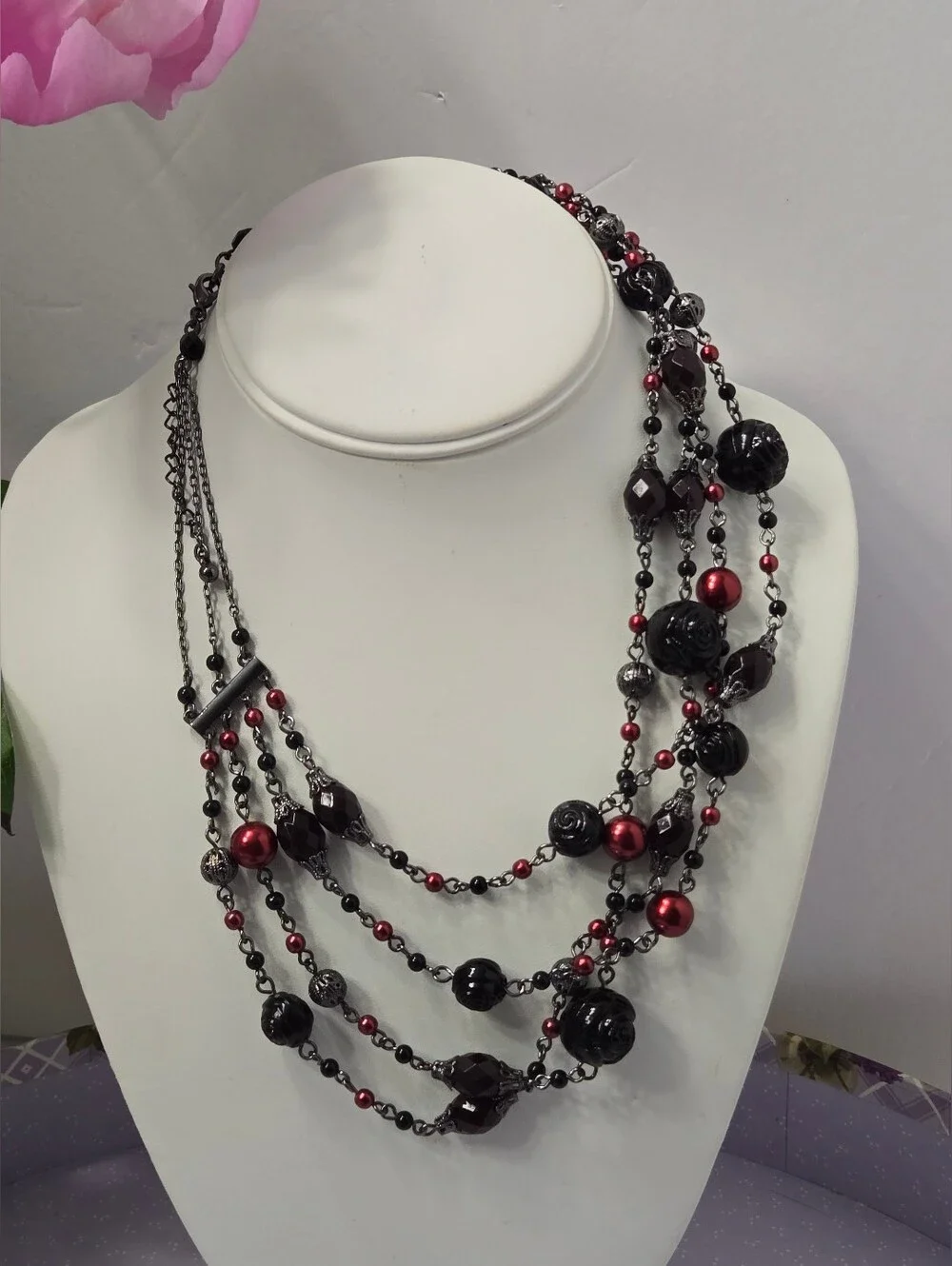 Avon Multi-Strand Black and Red Beaded Necklace